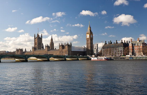 The Big Ben , the Houses of Parliament and Westminster Bridge in