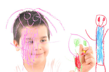 Adorable 6 years old boy painting his family on glass.