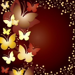 Gold background with butterflies, vector illustration