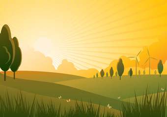 idyllic sunset landscape with windmills