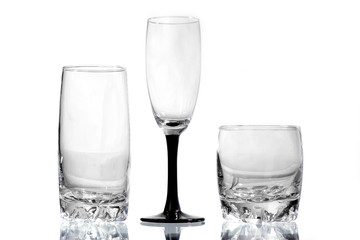 Three glasses on a white background