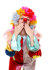 A portrait of a clown in a wig and a fancy costume