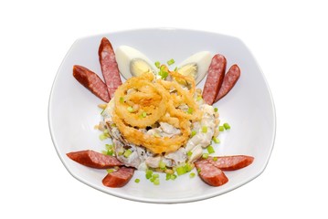 Salad with sausages eggs and mushrooms