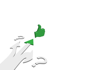 Fork of three roads with question marks and thumbs up