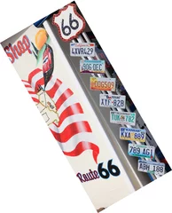 Crédence de cuisine en verre imprimé Route 66 panneau de la route 66 et plaques d'immatriculation américaines