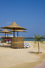 Beach on a sunny day. Hurghada city in Egypt.