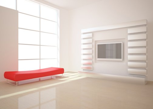 white room with red sofa