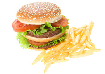 Double hamburger with vegetables and fries