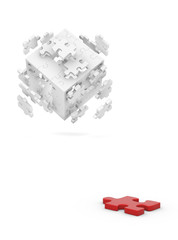 Decomposed cube of puzzle and red element