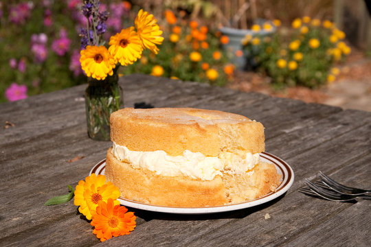 Lopsided frosted sponge cake with flowers