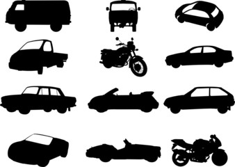 Silhouettes of cars, motorcycles and buses