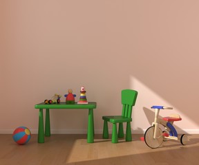 Children's room with wood bicycle.