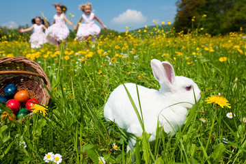 Ostern - Hase auf Wiese, Kinder suchen Eier