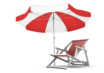 Deck chair and umbrella isolated on white. 3D rendered image