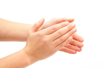 Clapping! Female hands clapping on white - obrazy, fototapety, plakaty