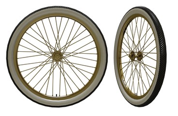 Bicycle vintage wheel, white wall, isolated on white