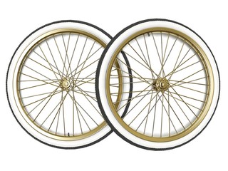 Fototapeta na wymiar bicycle vintage wheel, white wall, isolated on white
