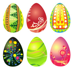 Six color easter eggs over white background