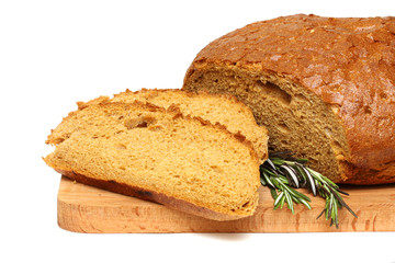 cut bread, herb and wooden board isolated on a white backgroud