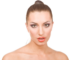Obraz premium Young beautiful brunette woman on white background in photo stud