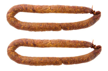 Smoked sausage on white macro