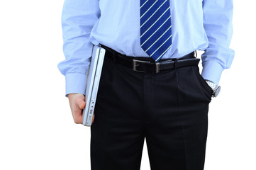 Businessman is holding a silver laptop isolated on white