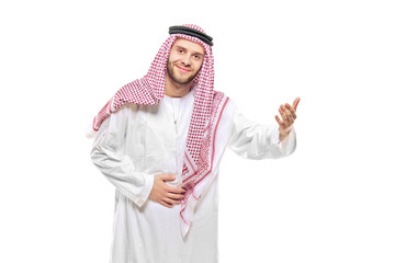 An arab person welcoming isolated on white background