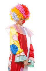 A portrait of a clown-girl in a wig and a fancy costume