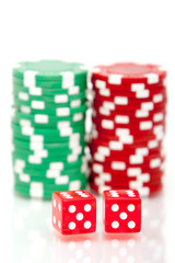 Colorful poker chips and dices