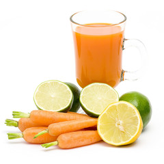 fruits, carrots and fresh juice