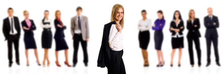 Obraz premium Entrepreneur with her team behind her
