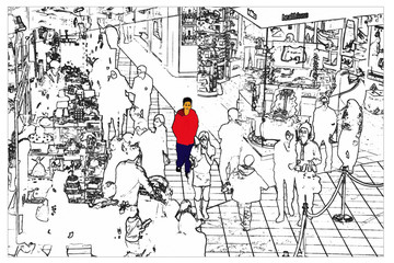 Illustration sketch of market full of shopping people