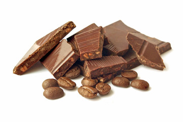 Delicious close-up of chocolate and cofee beans