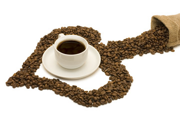 Cup from coffee on coffee grains isolated