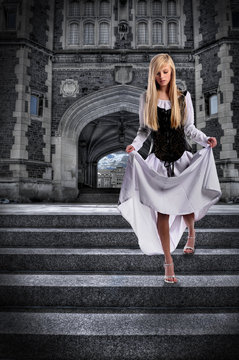 Young Woman Descending Steps of Castle