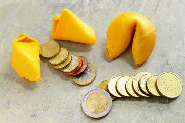 Euro (EU) coins arranged with a fortune cookie