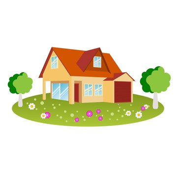 House with flowers, trees and grass in vector format