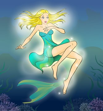 Mermaid suprized by appearance the legs she has