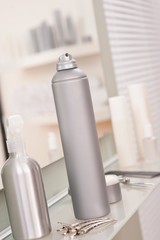 Professional hairdresser studio with hairspray and hair clip