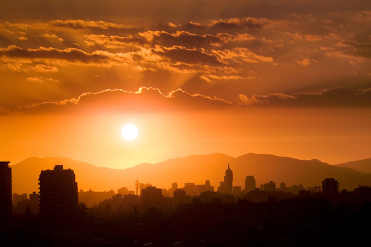 Sunset over Santiago de Chile, South America
