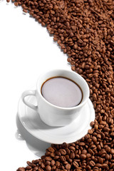 Cup with coffee, costing on coffee grain