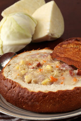Cabbage soup in a bread bowl