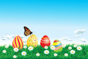 Vector. Happy easter card with eggs, green grass and blue sky