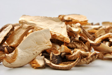 dried wild organic shiitake mushroom and white background