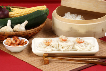 asian style grilled shrimps with organic noodle