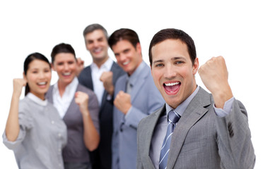 Fototapeta na wymiar Successful business team punching the air in celebration