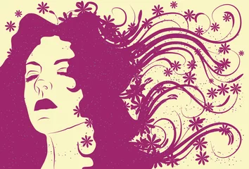 Cercles muraux Femme fleurs Visage de femme avec de longs cheveux fluides abstraits