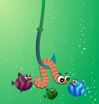 little cartoon funny fish eats a worm