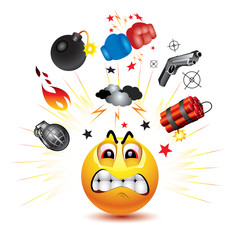Smiley ball with symbols of  fight and anger