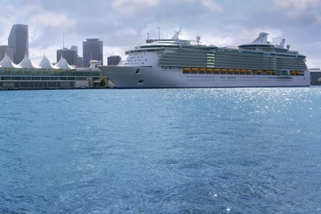 Beautiful cruise vacation boat in Miami Downtown harbor